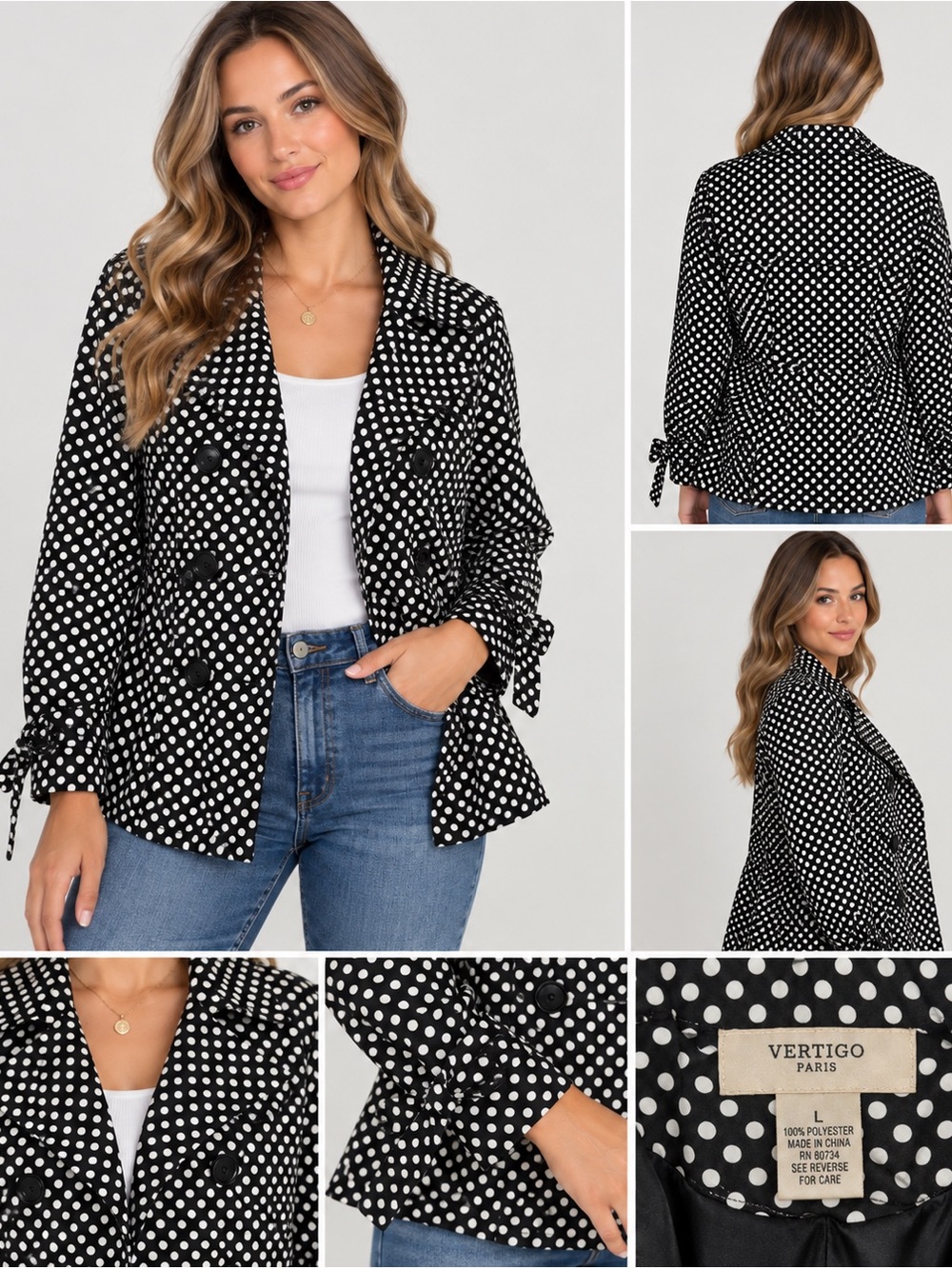 Vertigo Paris Polka Dot Double Breasted Trench Jacket Large